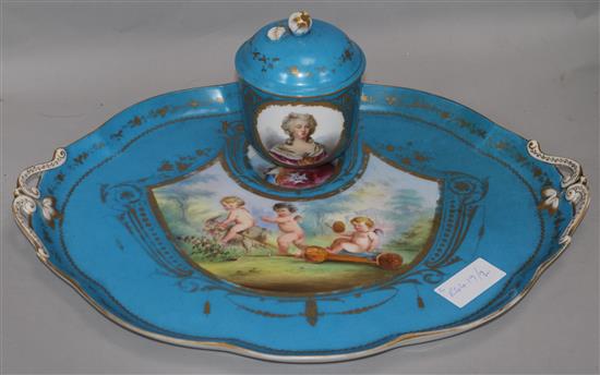 A Sevres style bleu celeste tray and sucrier tray 16in.